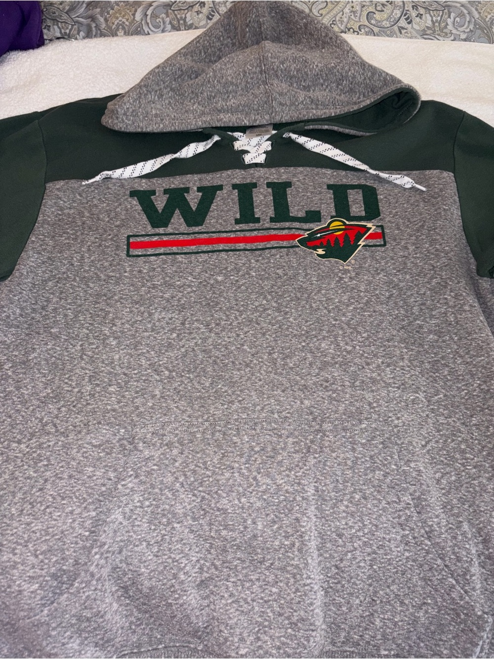 NHL MN Wild Pullover Hooded Sweatshirt - Gray & Green with Red Accent